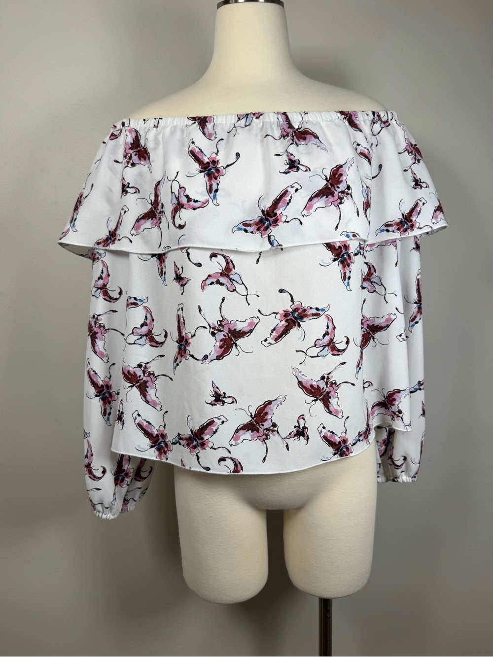 Aritzia Wilfred White Off-Shoulder Floral Ruffle Blouse